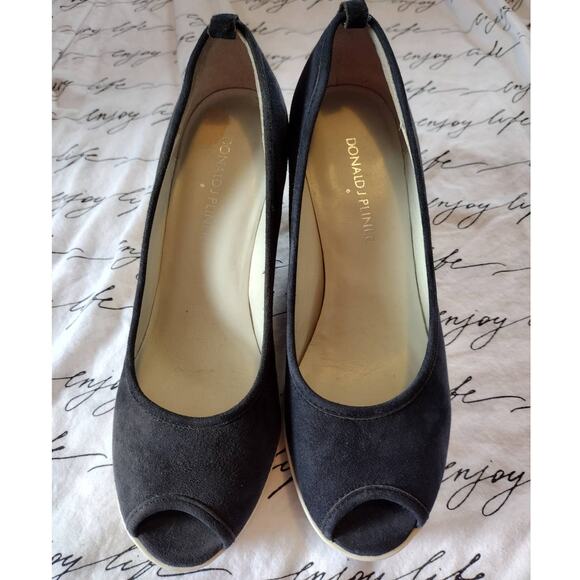 Donald J Pliner Carli Black Shoes Suede Wedges Size 7 Pump Cork Look Peep Toe - Picture 2 of 6